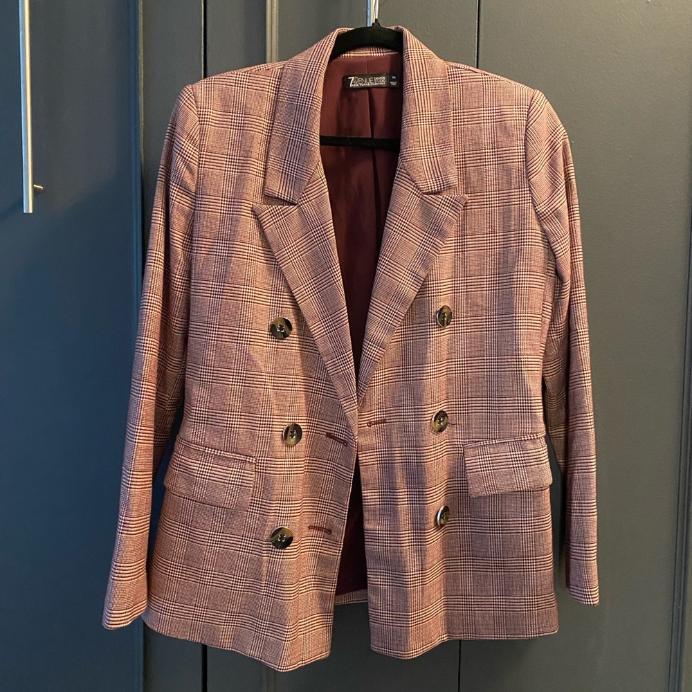 New York & Company - Burgundy Plaid Double Breasted Oversized Blazer - Size XS